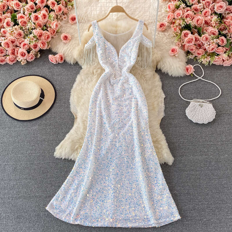 2026 A12 designer banquet elegant sequins suitable for high-end hosts with queen temperament V-neck long skirt and fish tail tight skirt