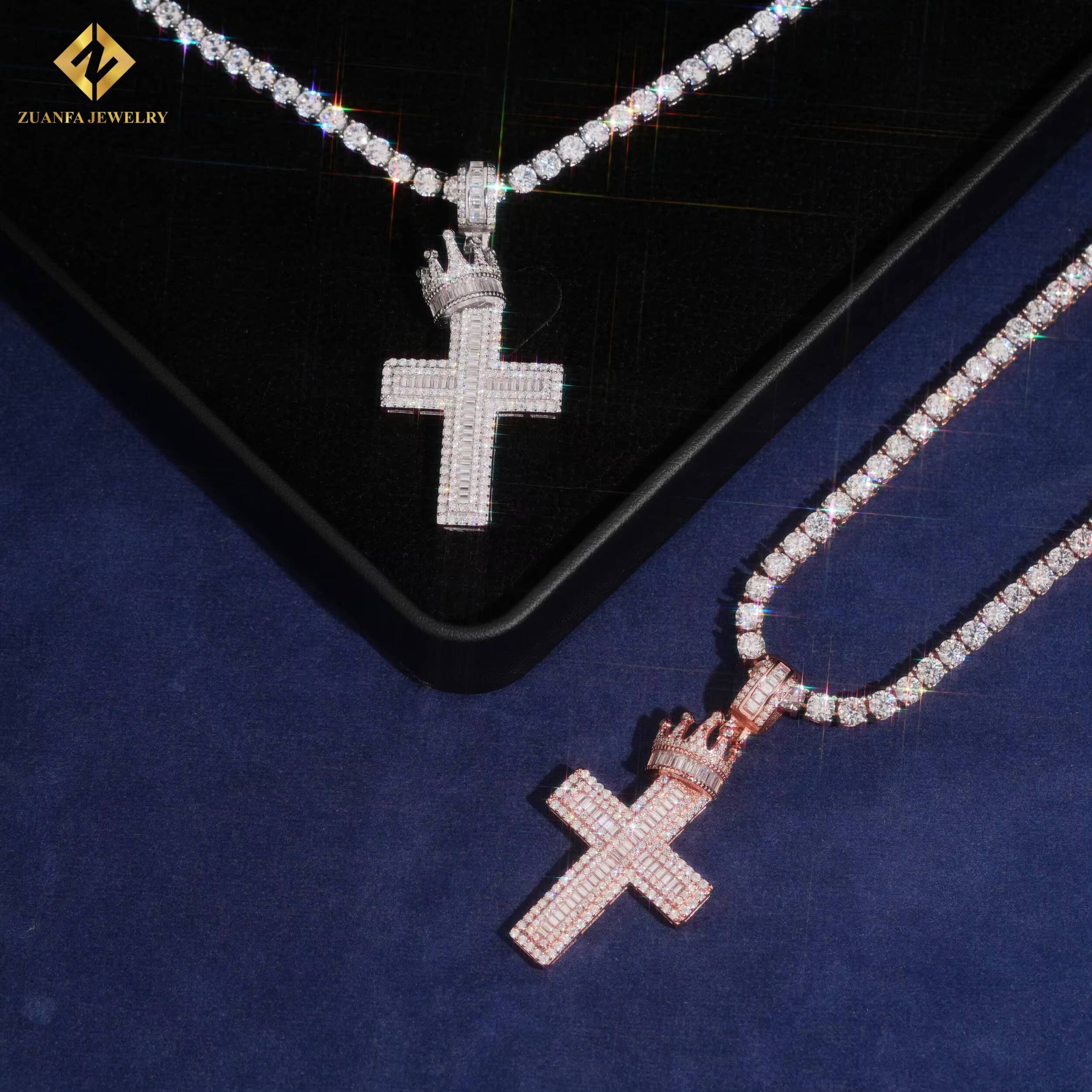 USA Warehouse VVS Moissanite Hip Hop Jewelry Cross Crown Iced Out Pendant Charm 925 Sterling Silver Moissanite Cross Pendant Men