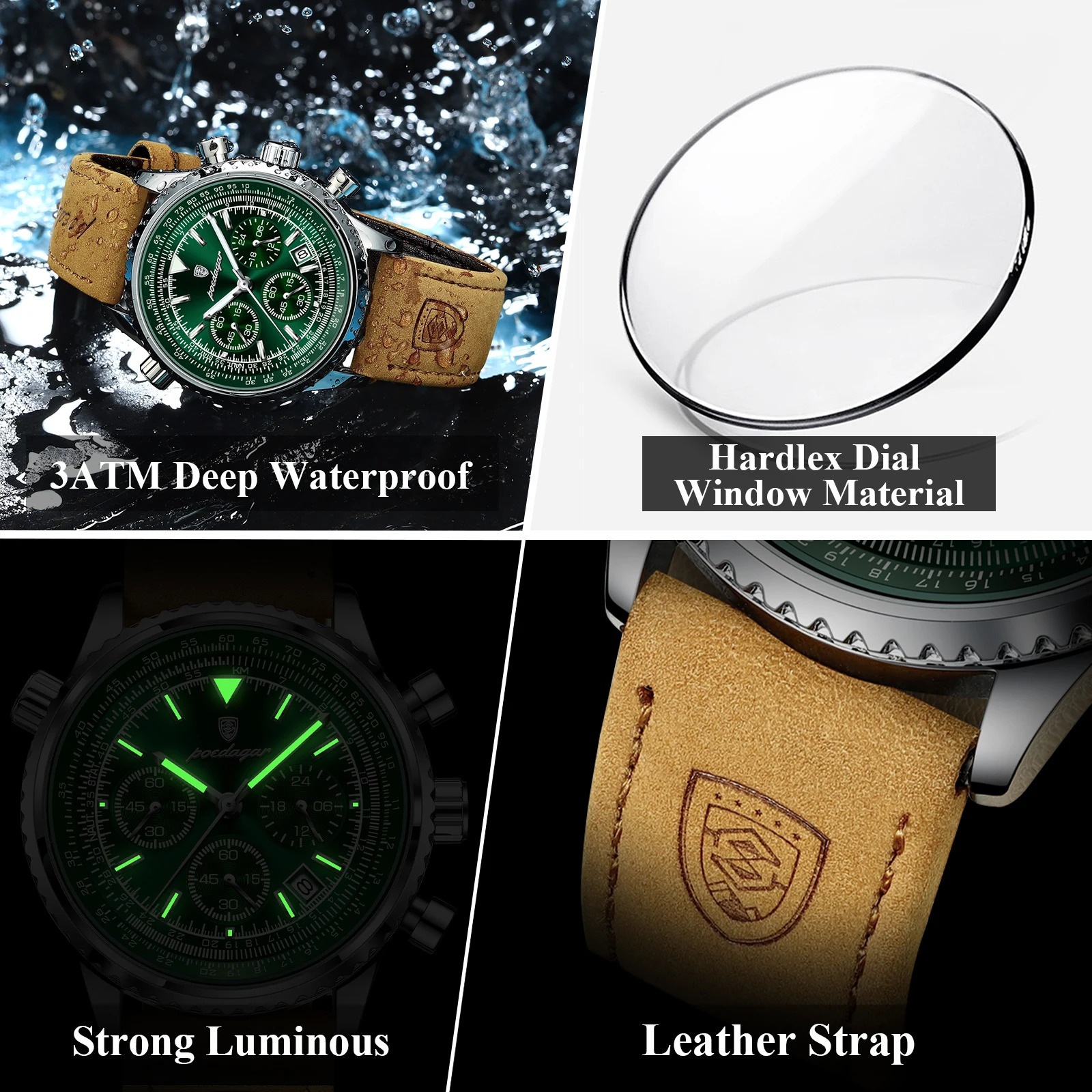 POEDAGAR y Man Watch Quartz Waterproof Luminous Date Chronograph Leather Men Wristwatch Military Sports Mens Watches Reloj 260307