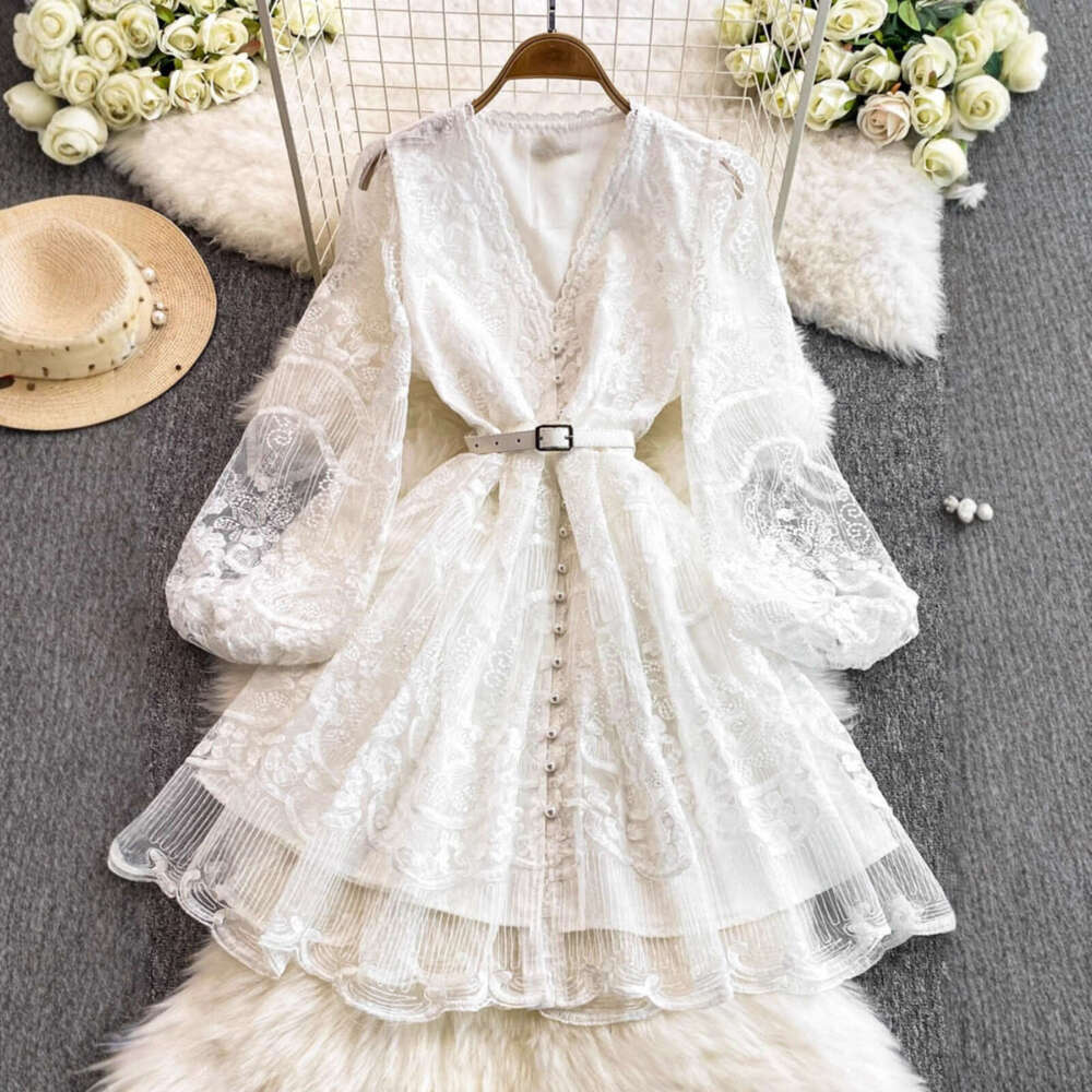 2026 Light Luxury and Soft Atmosphere Lantern Sleeve Women's Dress Spring and Summer Mesh Embroidery Design Super Fairy like Elegance
