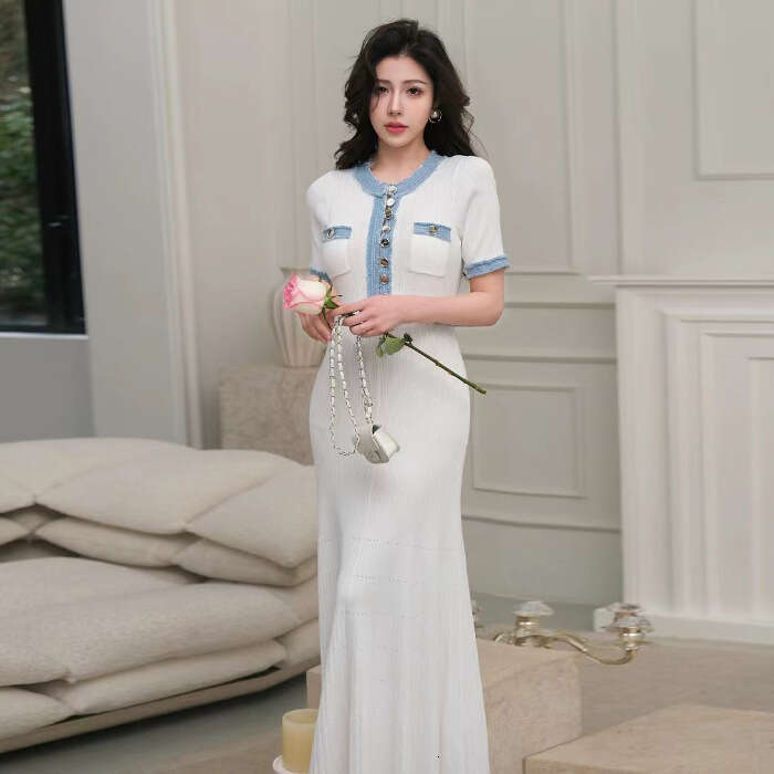 European and American socialite style summer new high-end short-sleeved waist-cinching mid-length dress with half-open collar