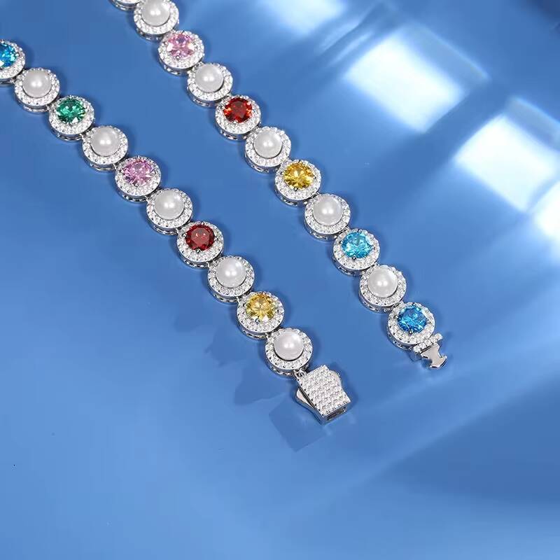 95 MM Gold Plated S925 Sterling Silver Moissanite Diamond Multi-Color Pearl Hip Hop Chain Necklace for Men Women