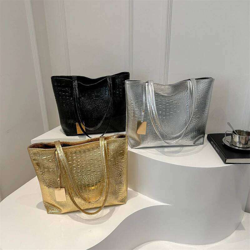 Fashion Casual Women Shoulder Silver Gold Black Crocodile Handbag PU Leather Female Big Capcity Tote Bag Ladies Hand Bags XJ260306