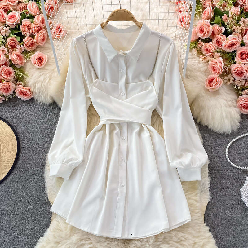 2026 Spring/Autumn Designer Korean Edition New Nichi Elegant Two Piece Tie Waist Long Sleeve Collar Dress