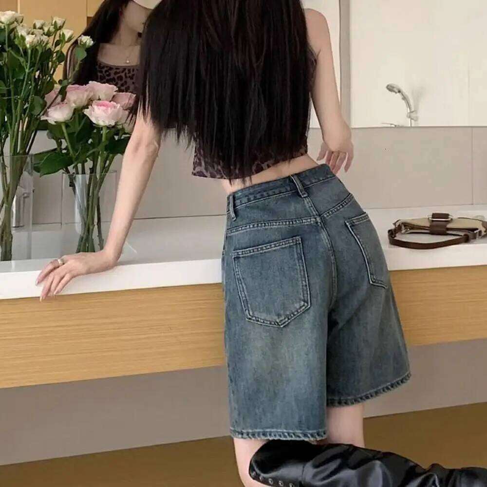 Pants Side Pockets Vintage High Waist Denim Shorts for Women Wide Leg Streetwear Jeans with Button Closure Zipper XJ260306
