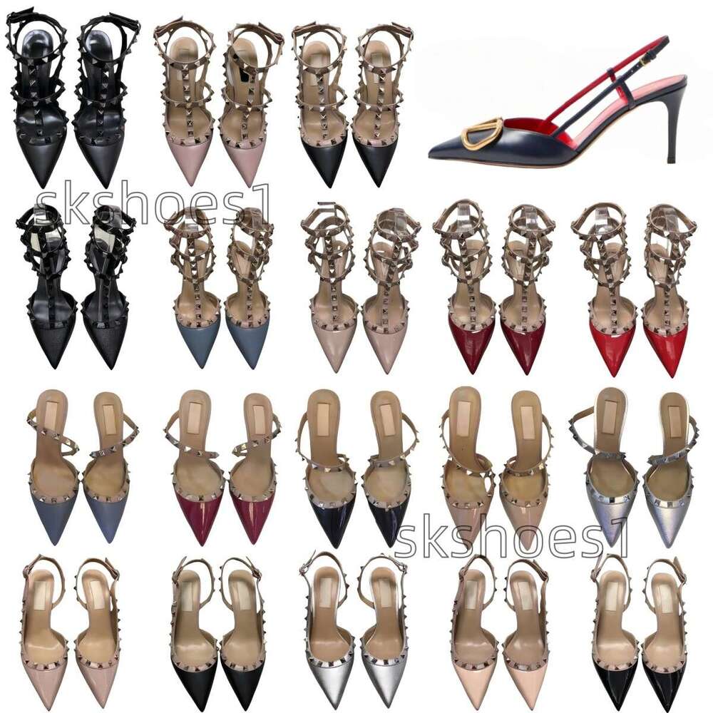 Heels Luxury Designer High heels 6cm 8cm 10cm Summer Slides Slippers Leather Stud Sandals Nude Women Rivets Thin Heels Versatile Fashion Dress Shoes
