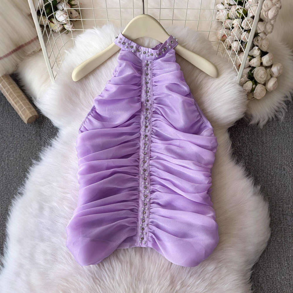 2026 European and American sexy hot girl style off A12 shoulder beaded off shoulder vest for spring and summer social celebrities slim fit top