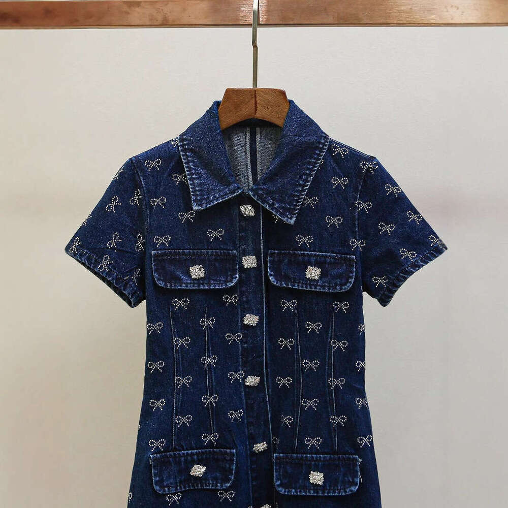 2026 Spring and Summer New Casual Style Young Collar Sleeve Single breasted Water Diamond Bow Cowboy Dress Short Skirt
