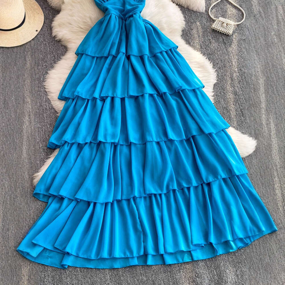 2026 seaside vacation sexy deep V-neck backless dress, summer blue waist cinching slim fit A13 backless dress