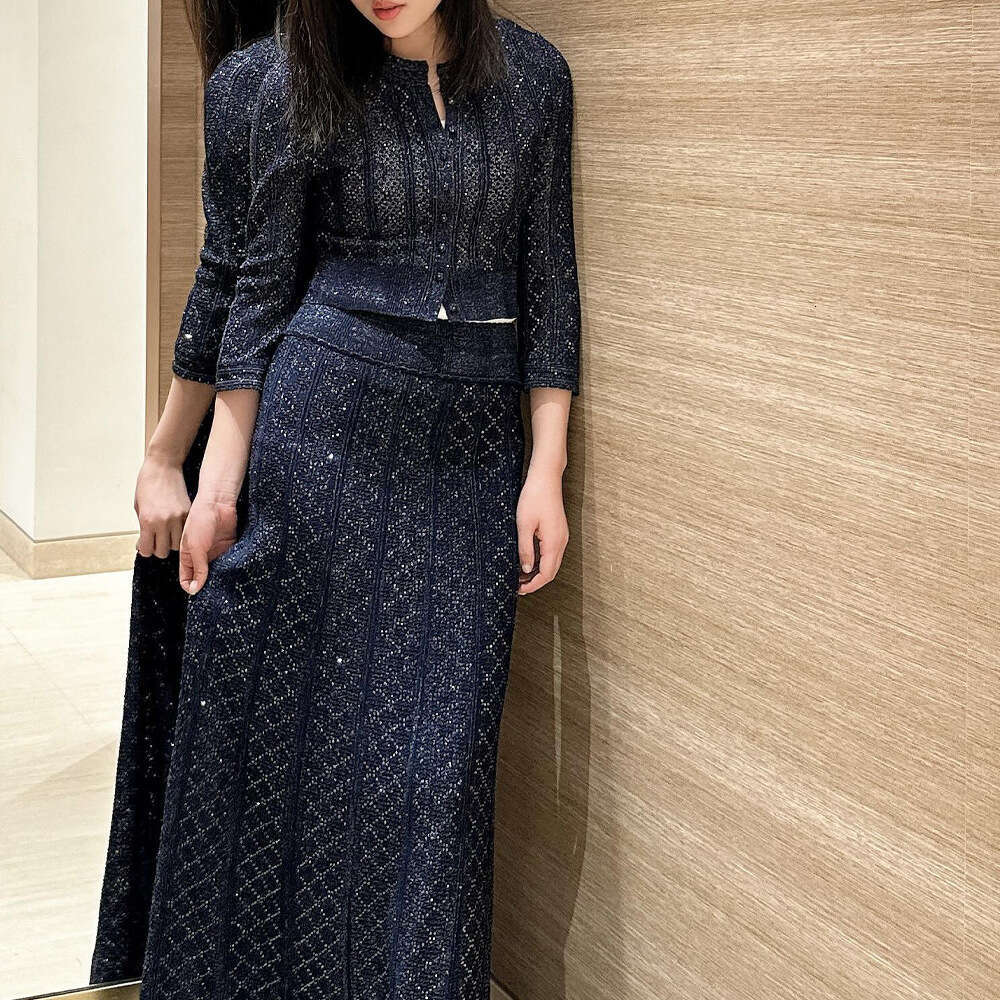 2026 Spring and Summer New French Style Shiny Silk Hollow Stripe Niche Two Piece Women's Fashion Set