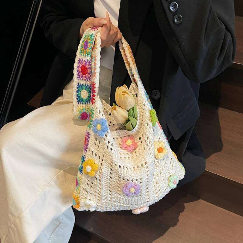 Women Cute Knitting Tote Wear Resist Lovely Woven Stylish Knit Shoulder Seaside Trip Shopping Beach Bag XJ260306