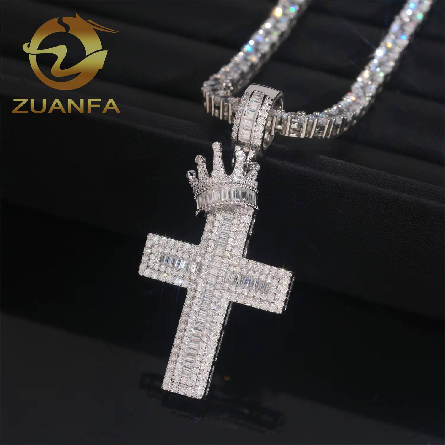 925 Silver Hip Hop Jewelry Iced Out Cross Pendant with Crown VVS Moissanite Diamond Pendant Charm Pass Diamond Tester