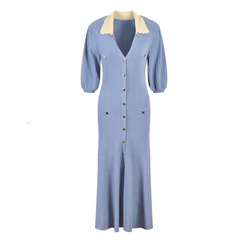 2026 New V-neck Knitted Fluffy Sleeve Waist Strap Mermaid Long with Slit and Flip Collar Elegant Dress