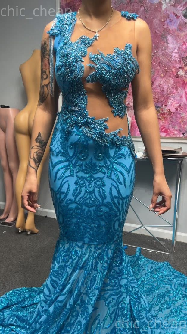 2K26 Sky Blue Prom Dress 2026 Mermaid Prom Dress Sequined Crystals Sheer Neck Evening Dresses Birthday Party Formal Receiption Gowns Dresses ZJ072