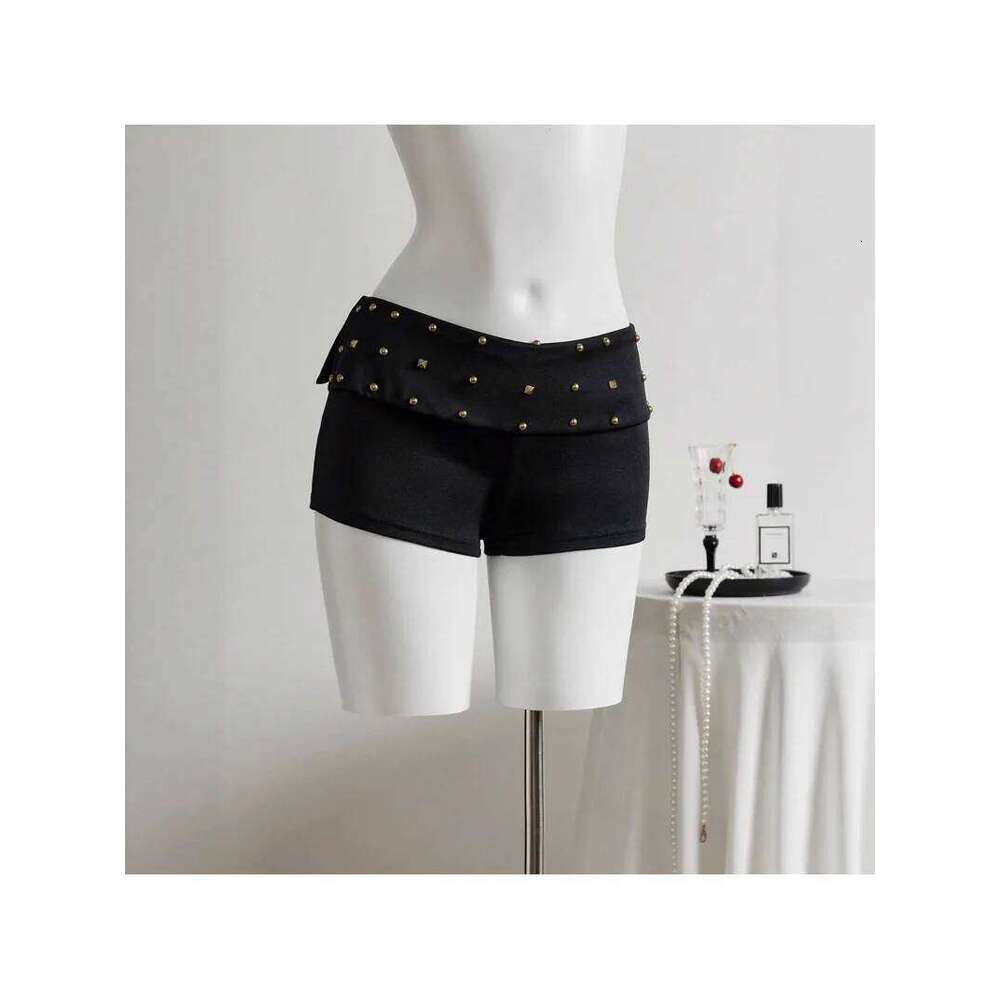 Women Y2K Low Waist Studded Fold Over Rivet Shorts Slim Fit Boxer Short Rave Mini Bottoms XJ260306