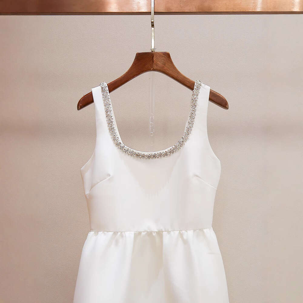 2026 summer new elegant celebrity style U-neck rhinestone backless A-line waist tie white long dress