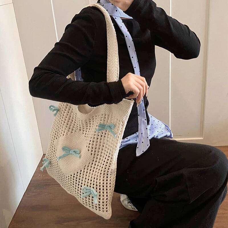 Bowknot Crochet Tote Summer Beach Mesh Knitted Large Aesthetic Shoulder Knit Handbags Hollow Hobo Bag for Women XJ260306