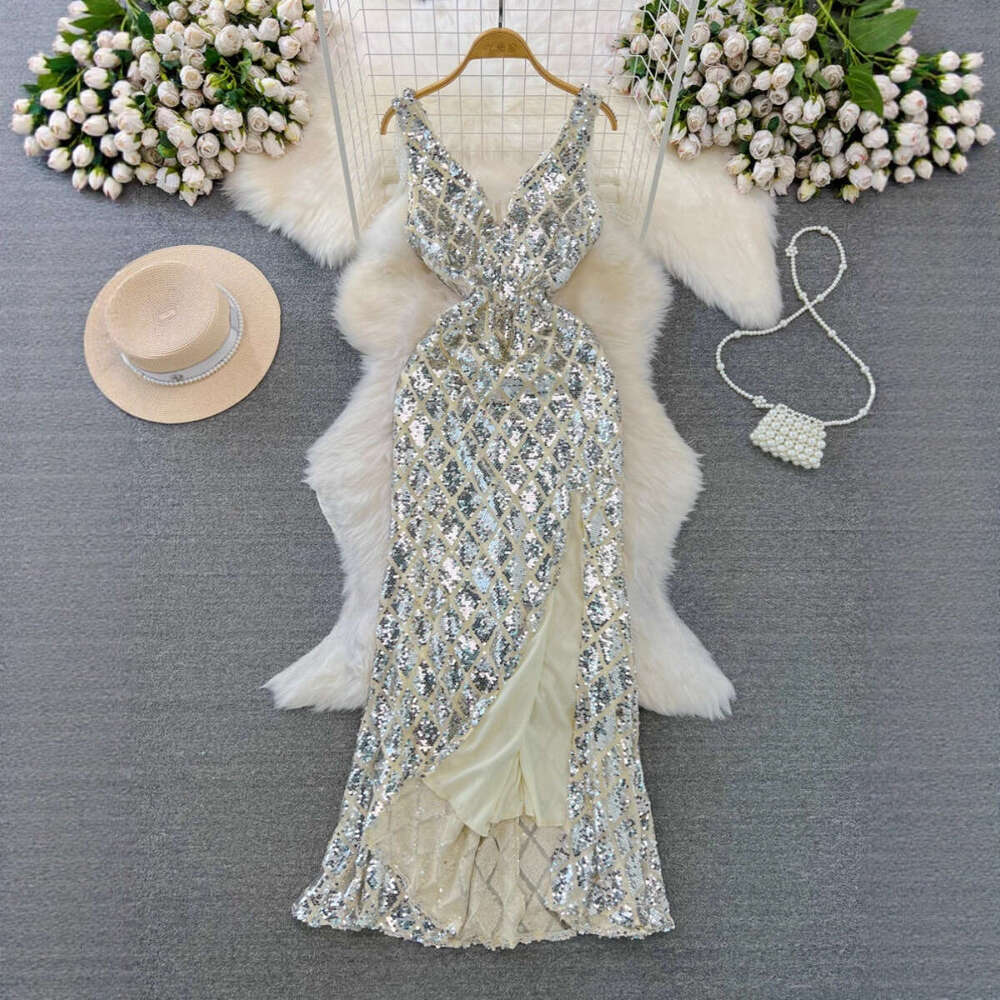 2026 Evening Dress Banquet Elegant A13 Long Dress V-neck Waist Slimming Glitter Split and Tight Design
