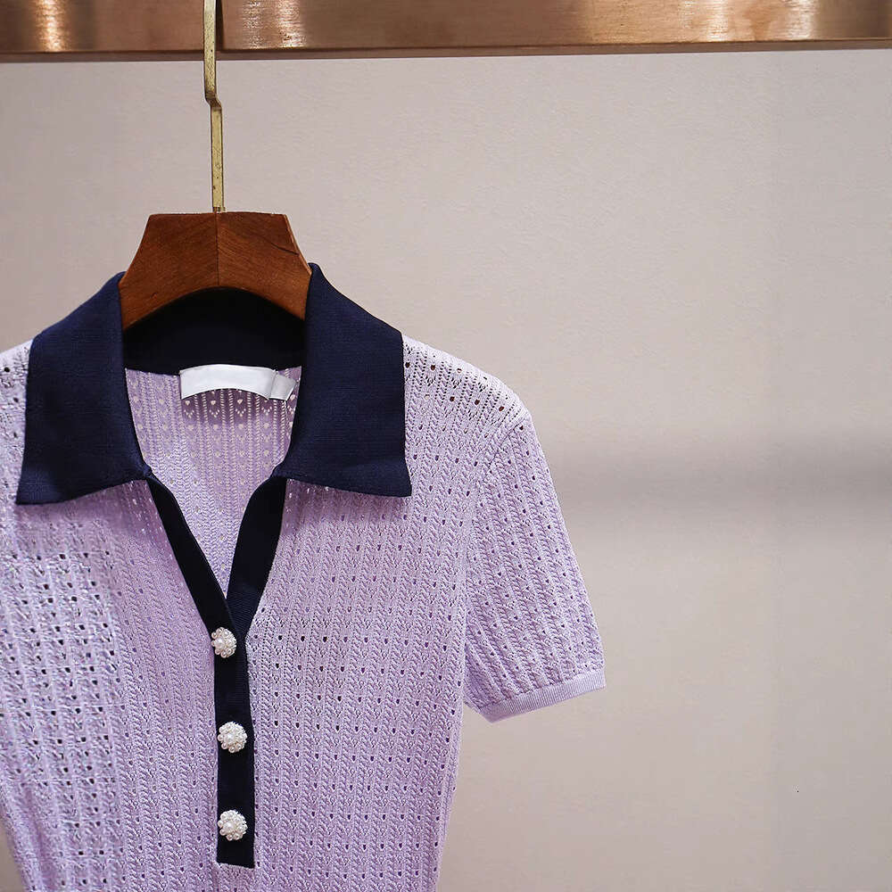 2026 Spring and Summer New Style Elegant Contrastive Color Collar Waist Hollow Short Sleeve Knitted A-line Dress