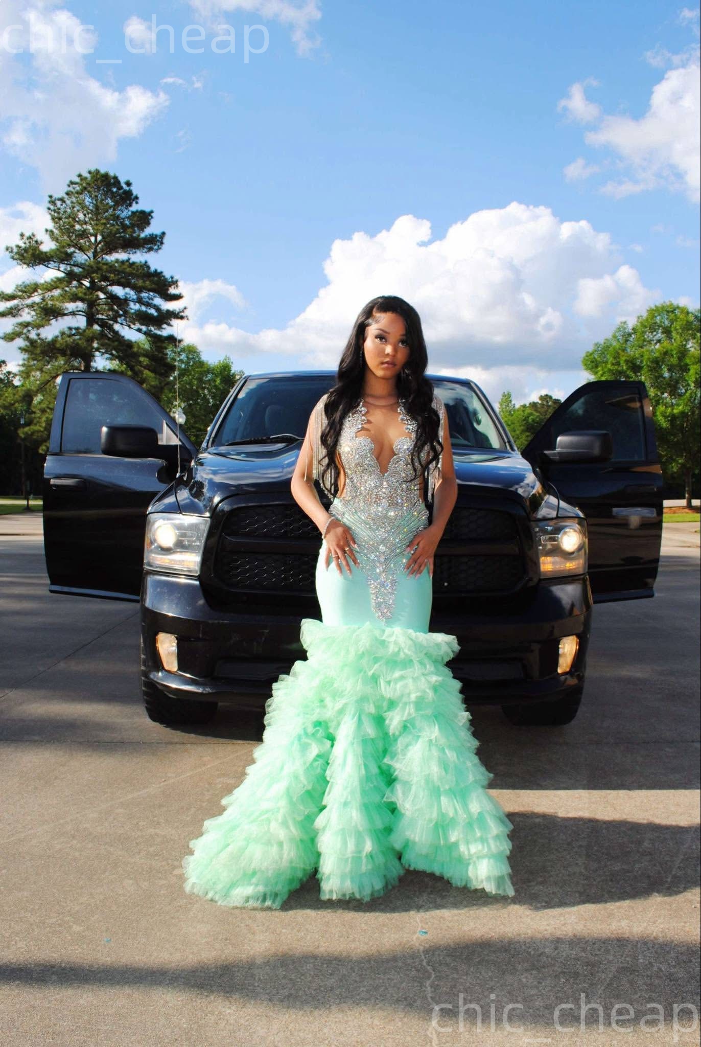 2K26 Mint Prom Dress 2026 Mermaid Prom Dress Crystals Satin Tiers Evening Dresses For Black Women Birthday Party Formal Receiption Gowns Dresses ZJ034