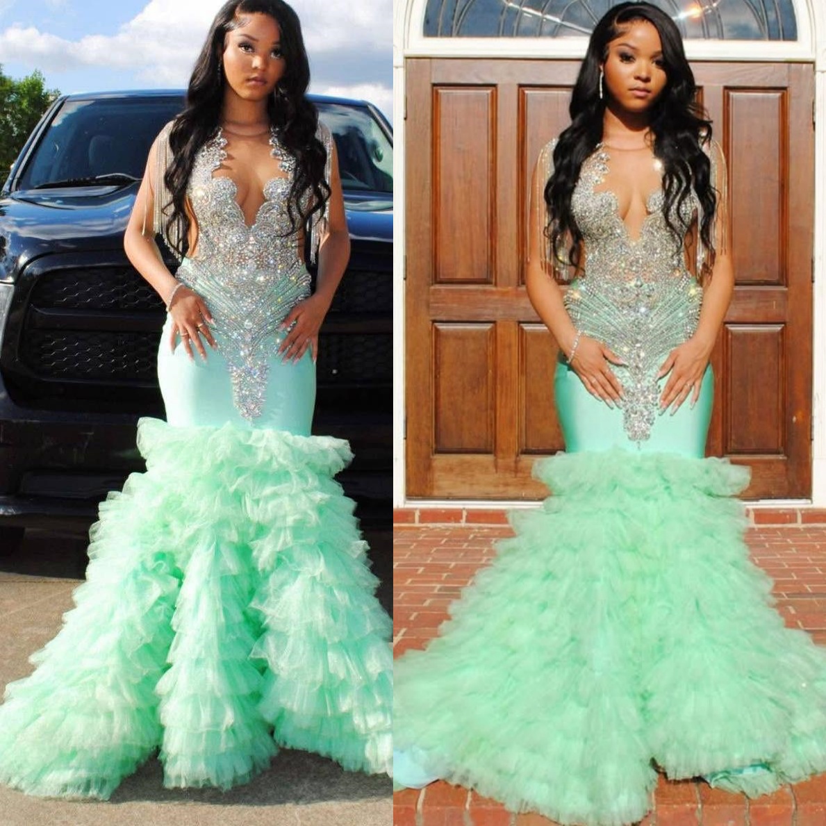 2K26 Mint Prom Dress 2026 Mermaid Prom Dress Crystals Satin Tiers Evening Dresses For Black Women Birthday Party Formal Receiption Gowns Dresses ZJ034