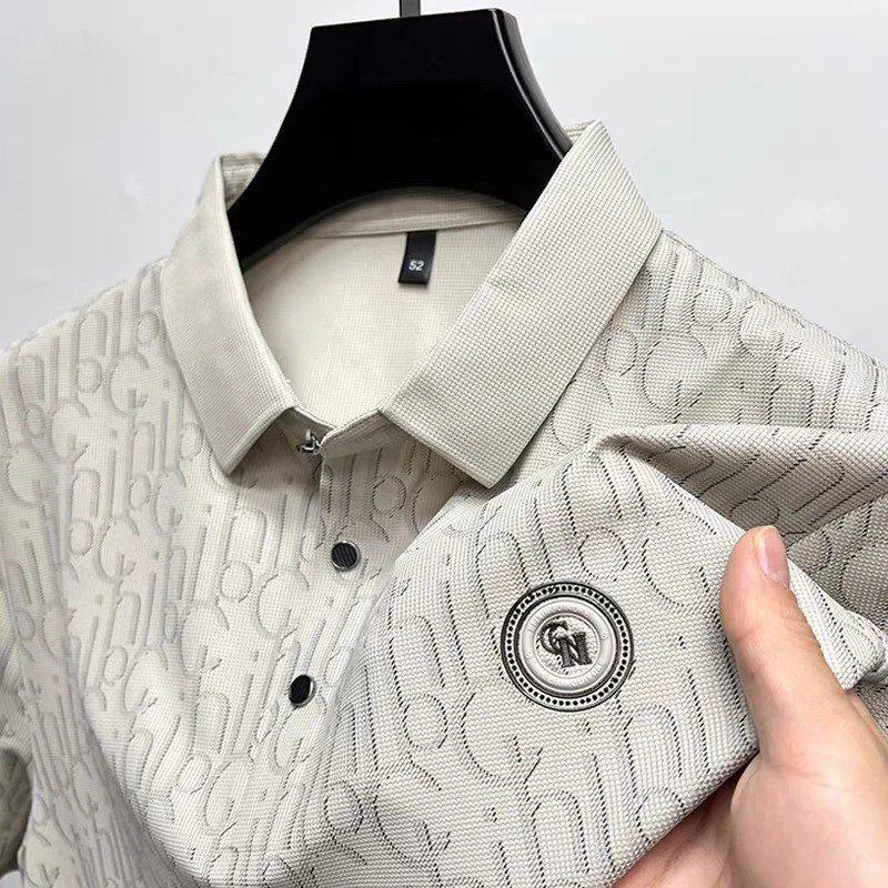 High end ice silk mens polo shirt short sleeve summer cool and breathable lapel T-shirt fashionable printed casual top 260305