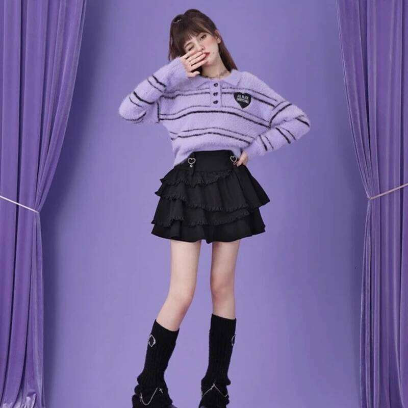 Black Fairy Skirts Women High Waist Slim A-line 2025 Japanese Patchwork Ruffled Woman Fashion Kawaii Mini Skirt Summer Sweet XJ260309