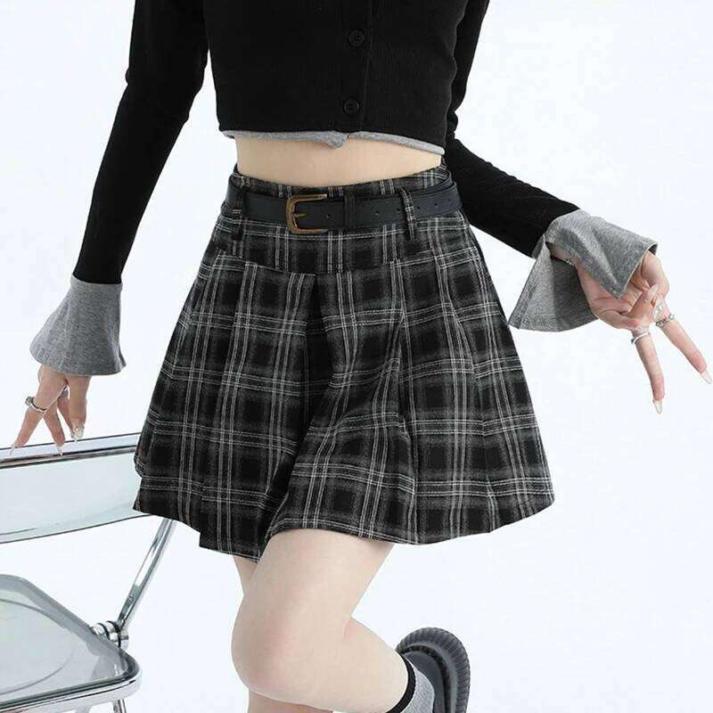 Preppy Plaid Mini Women High Waist A Line Belt Pleated Student Skirts Autumn Harajuku Sweet Casual Vintage Female Skirt XJ260309