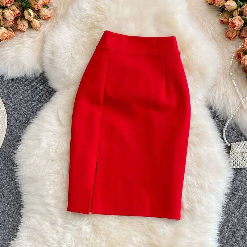 Women's Solid High Waist Work Pencil 2025 New Fashion Ladies Slim Fit Split Office OL Skirt Grey Red Black Skirts XJ260309