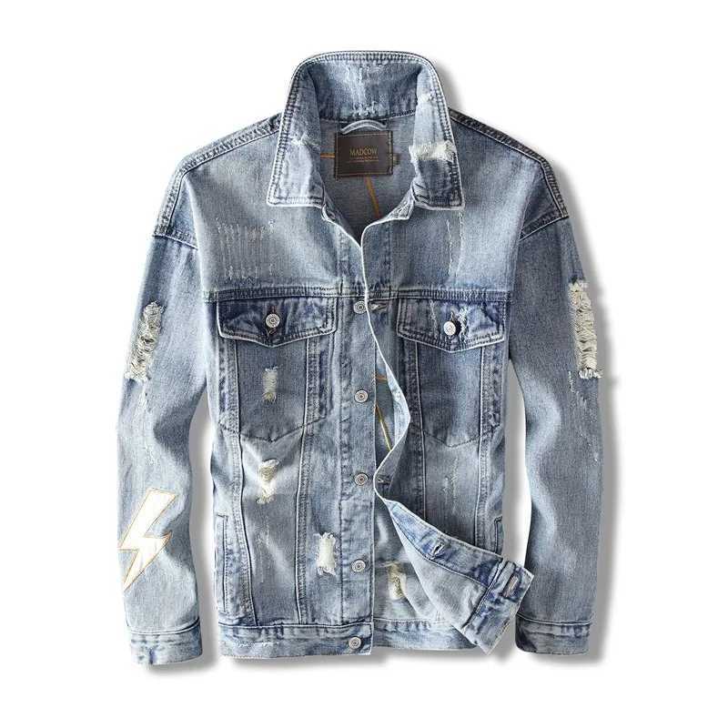 Spring New Lapels Denim Jacket Embroidered Letter Designs Spliced Coats Light Blue Hip-hop Ripped Men Jackets Mens Clothing M260309
