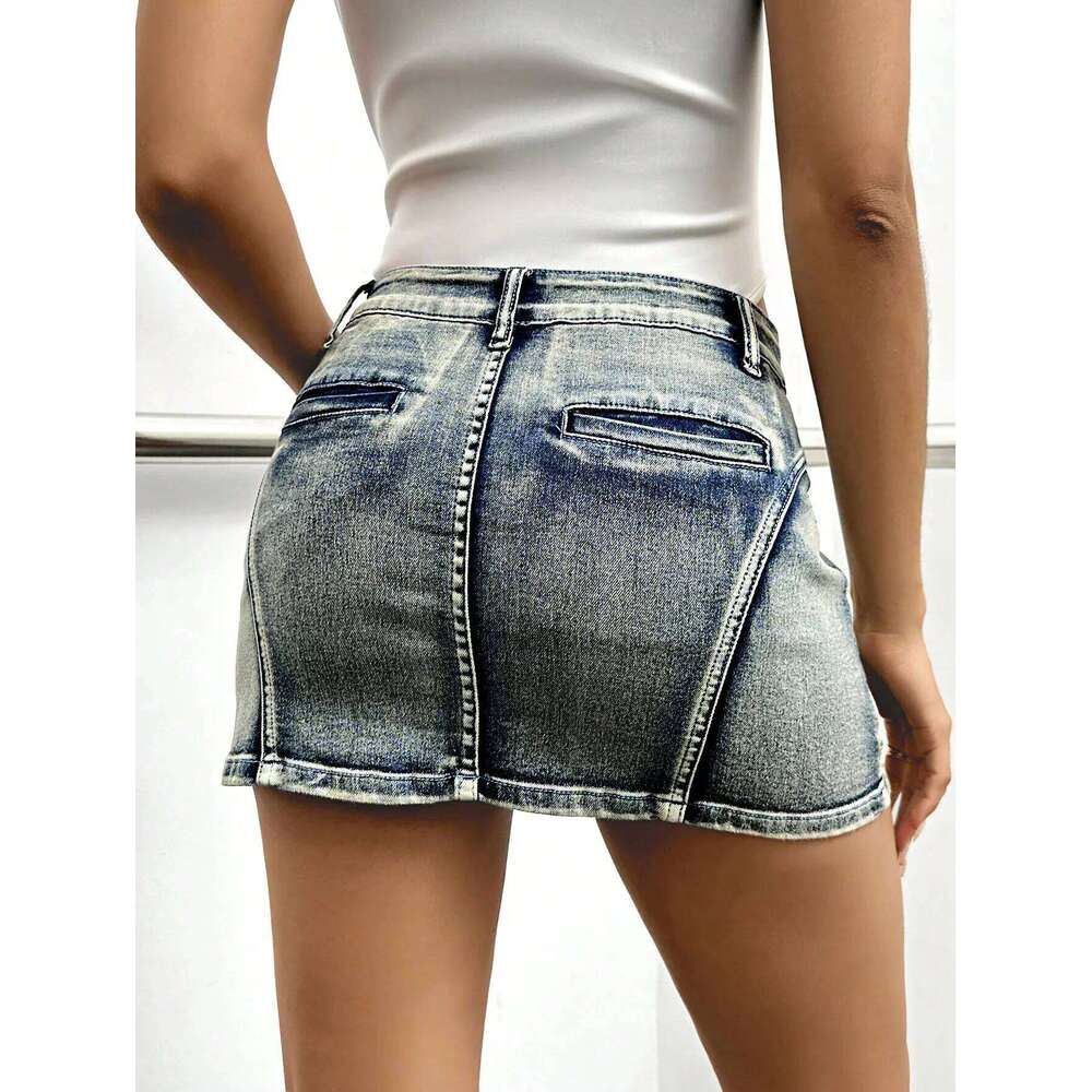 Y2k 2023 Fashion Women Carnival Holiday High Waist Solid Fake Pocket Skinny Mini A-Line Denim Skirt Streetwear XJ260309