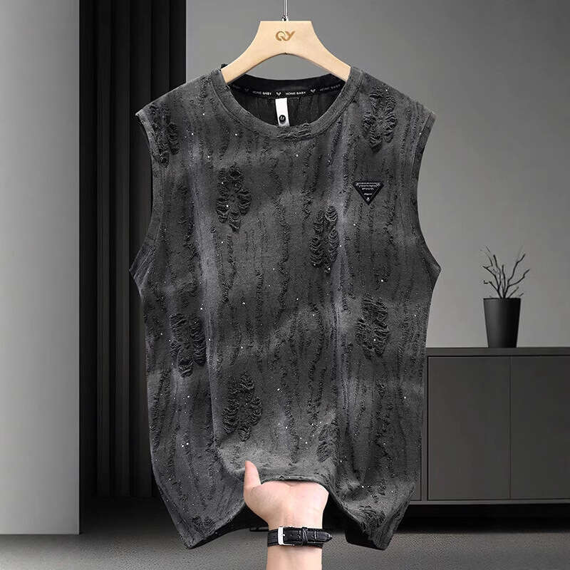 New Summer T-Shirt For Men Trendy Versatile Loose Sleeveless Tee Round Neck Casual Distressed Tank Top