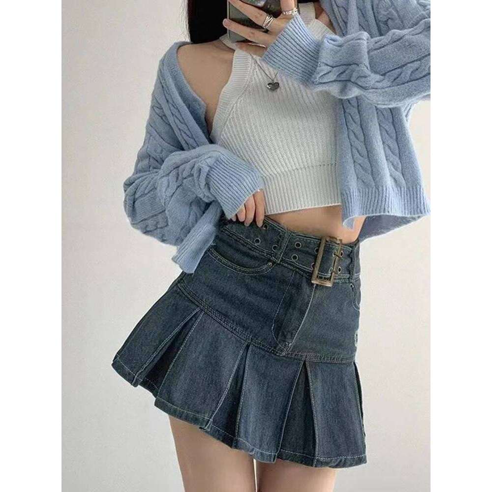 Embroider denim women's clothing spring and summer retro pleated empire look slimmer mini skirt XJ260309