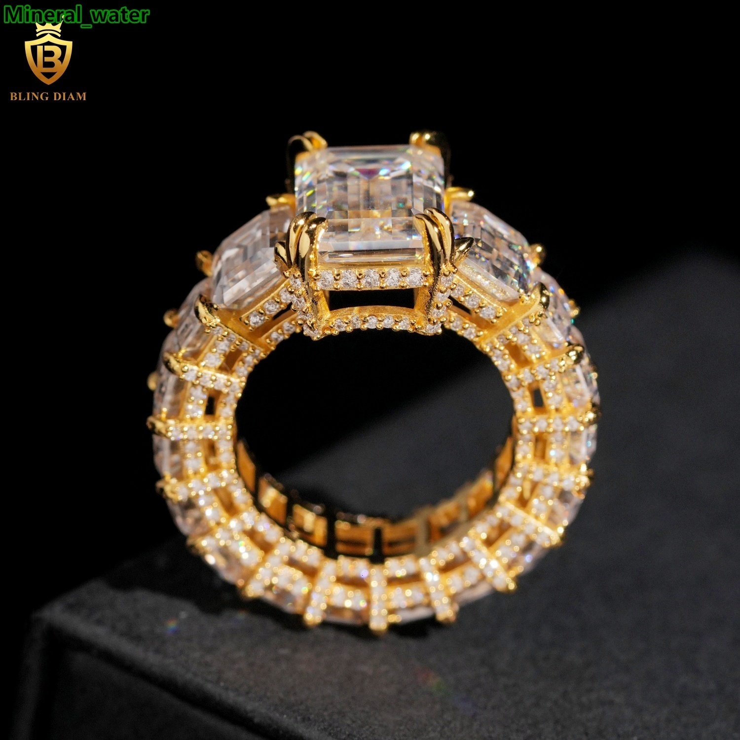 Luxury Engagement Jewelry 925 Sterling Silver Gold Big Rings Emerald Cut With Vvs Moissanite Iced Out Diamond for Men Women