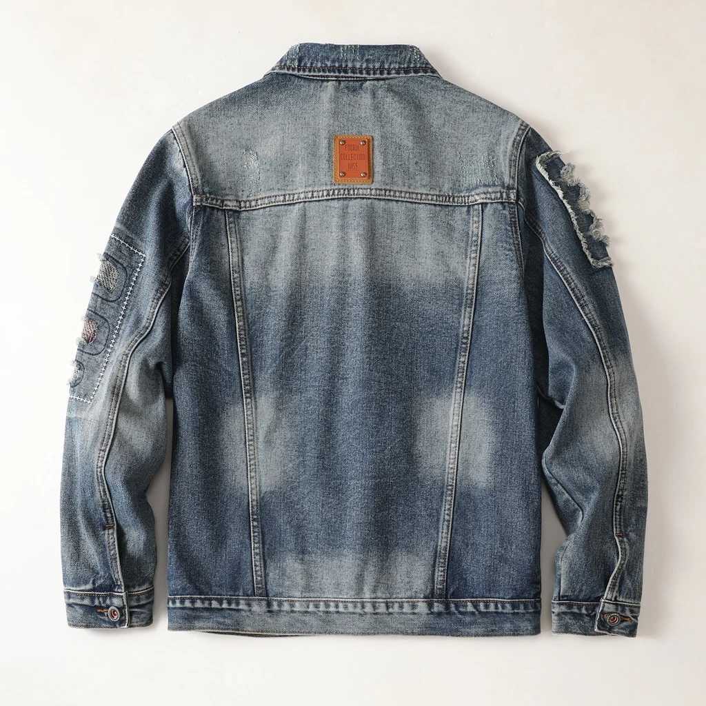 American retro denim jacket with mens ripped hole splicing trendy jacket loose long sleeved denim jacket korean fashion M260309