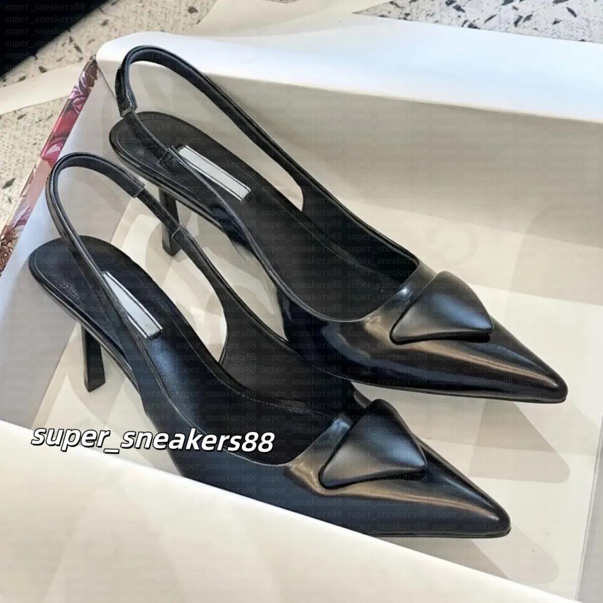Designer Heels Pointed Toe High Heel Sandals Triangle Label Sexy Women's Shoes Leather Thin Heel Back Empty Back Trip Strap Sandals Single Shoe Dress Shoes