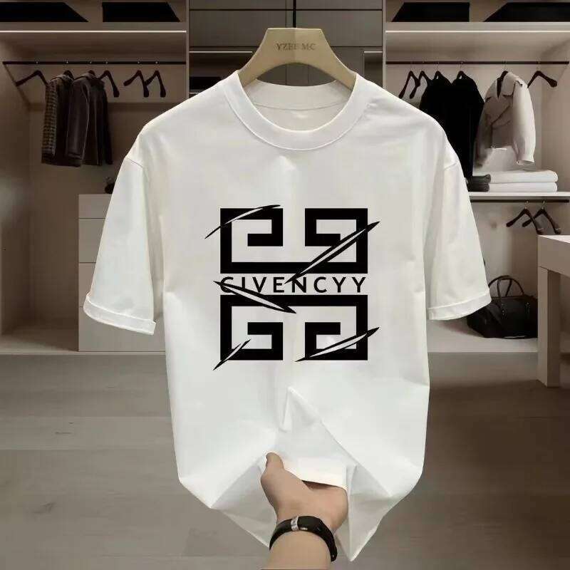 Men's Brand Logo Print T-Shirt Cotton Short Sleeve Tee,Streetwear Fashion Top With White Graphic Design Casual Wear