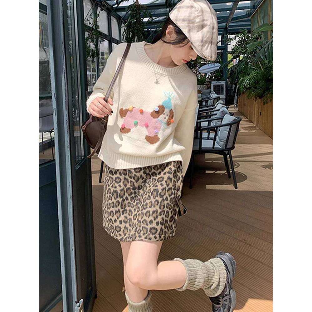 Women's 2025 Autumn Winter Leopard Print Mini - High Waisted A-Line Slimming Versatile Retro Bodycon Midi Skirt XJ260309