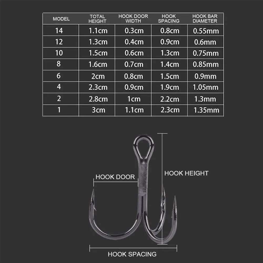 50Pcs Black Nickel Super Sharp Fishhooks Treble High Carbon Steel Matte Tin Hooks Fishing Tackle S260305