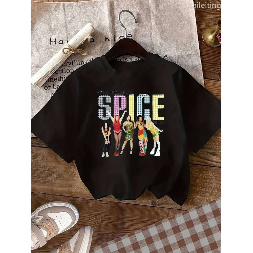Retro Playful Design White Spice Graphic T-Shirt for Women - 90s Crew Neck Sleeve with Colorful Cartoon Print Aesthetic Clothes XJ260306