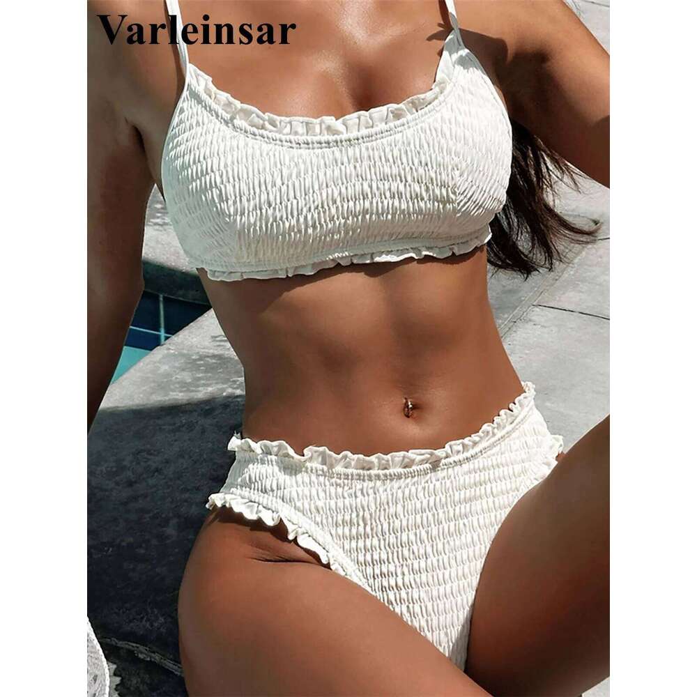 Frilled Ruffled Wrinkled Mid Waist Women Swimwear Female Swimsuit Two-pieces Bikini set Bather Bathing Suit Swim V5844 XJ260206