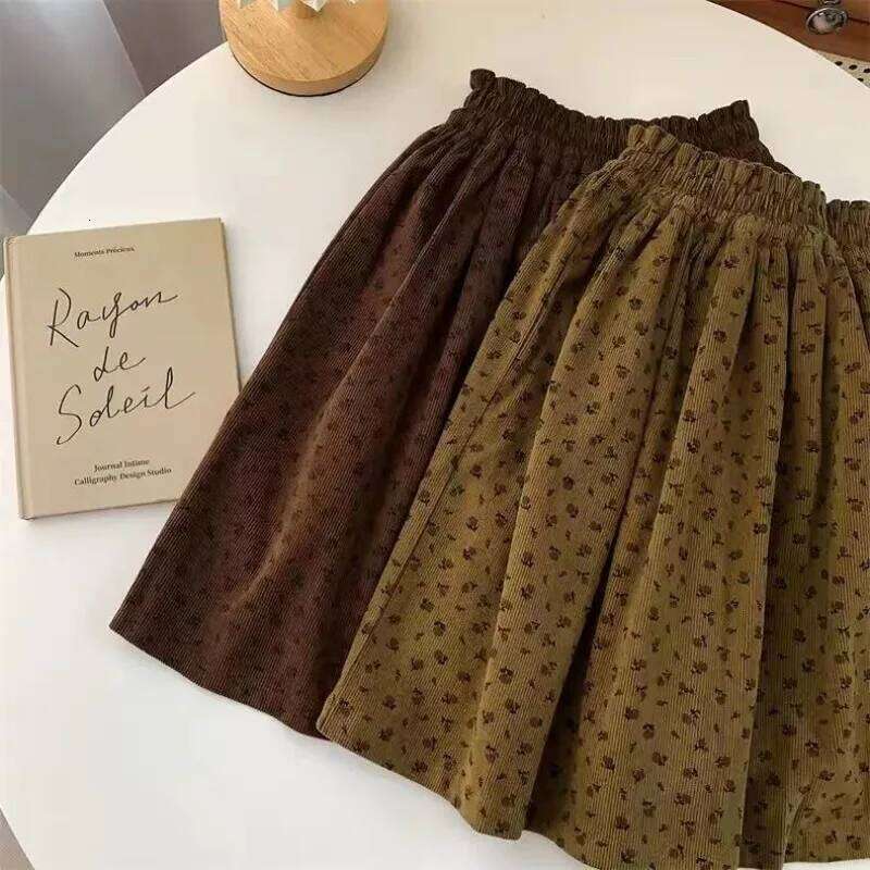 2025 Autumn New Girls' Vintage Floral Peplum Skirt French Bohemian Style Deep Caramel XJ260309