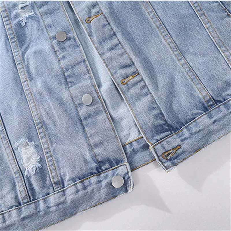 Spring Loose Denim Jacket Men Cotton Hole Casual Coat Preppy Style Harajuku Streetwear Denim Outwear Male Chic Jackets Plus Size M260309