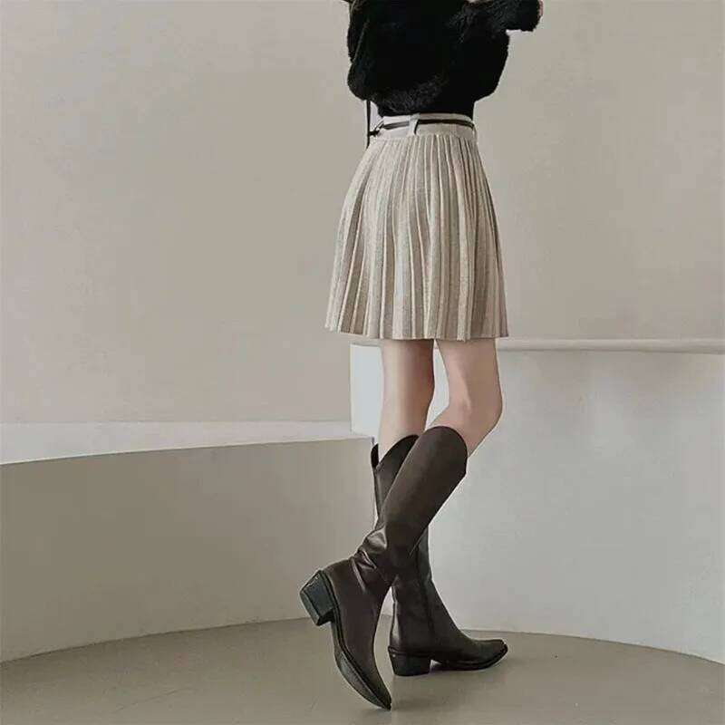 Autumn Winter Knitted Pleated Women Korean Fashion High Waist A-Line Skirts Ladies Elegant Streetwear Gray Mini Skirt XJ260309