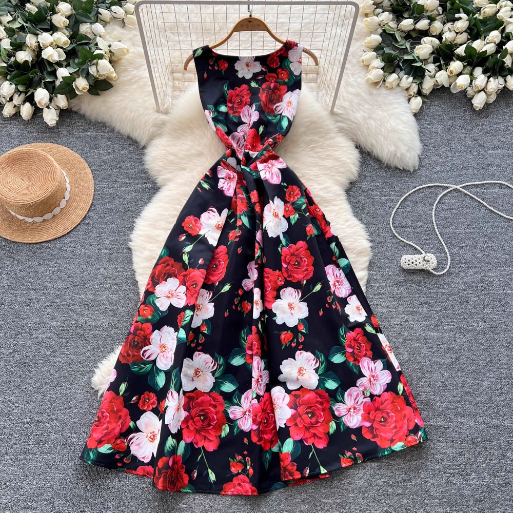 Womens Stylish Dress With A Slimming Waist Sleeveless Fashionable Printed Puffy Gown
