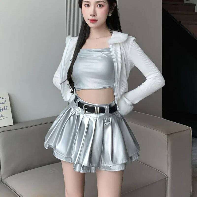 New Pleated Leather Skirts Women Korean High-waisted Solid A-line High Street Fashion Basics Short Skirt Female XJ260309