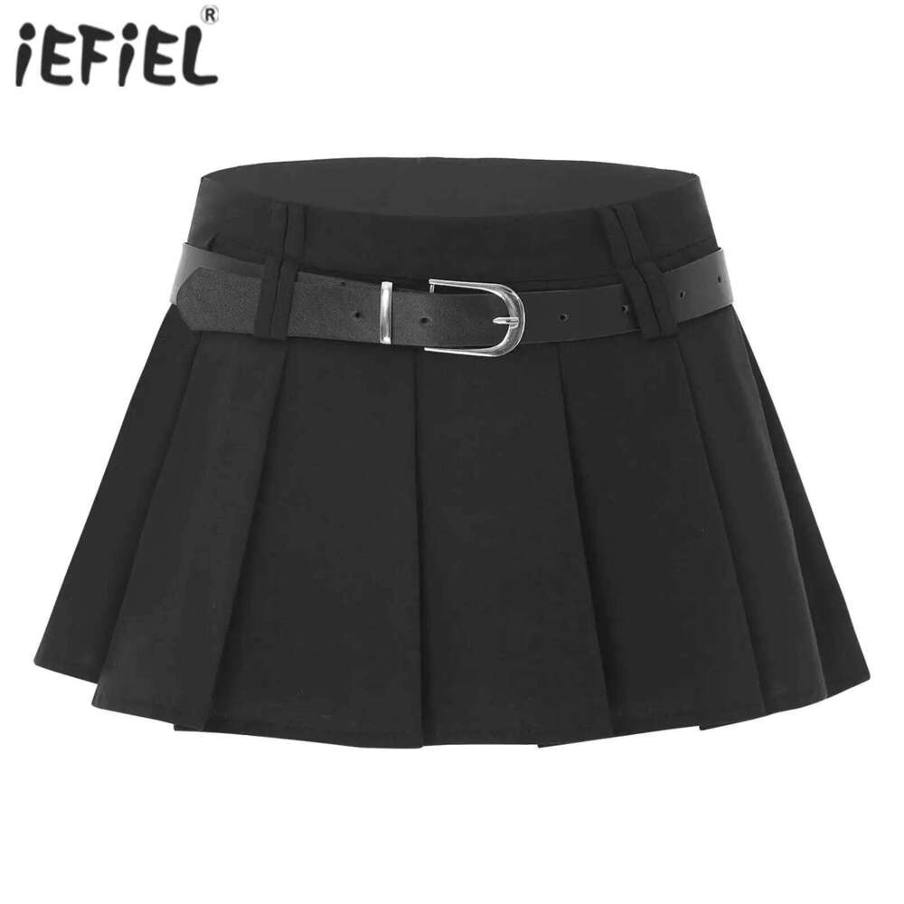 Womens Pleated Mini Waist Belt Side Zipper Solid Color JK Skirt with Safety Shorts for Daily Wear Shopping Vacation XJ260309