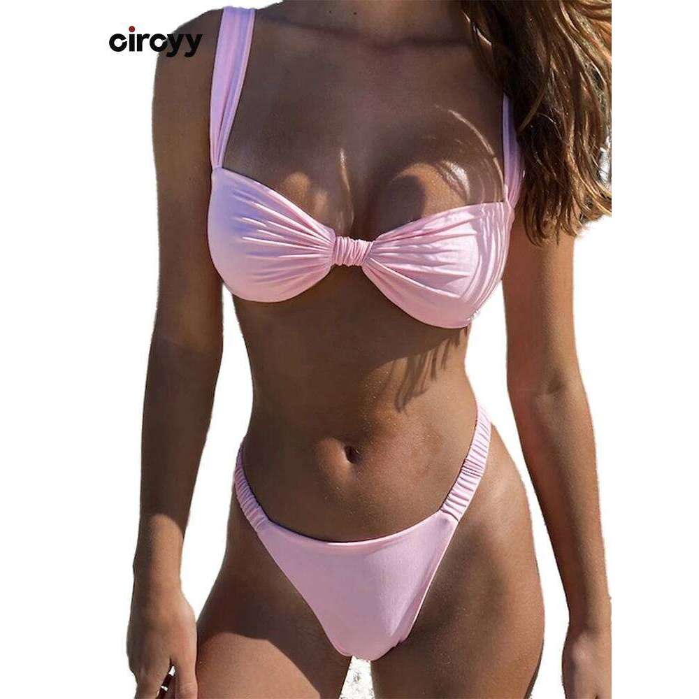 Circyy Swimwear Women Halter Low Cut Bikini Set Solid Pleated Split Swimsuit Sexy Thongs Summer 2025 New Holiday Bathing Suit XJ260206