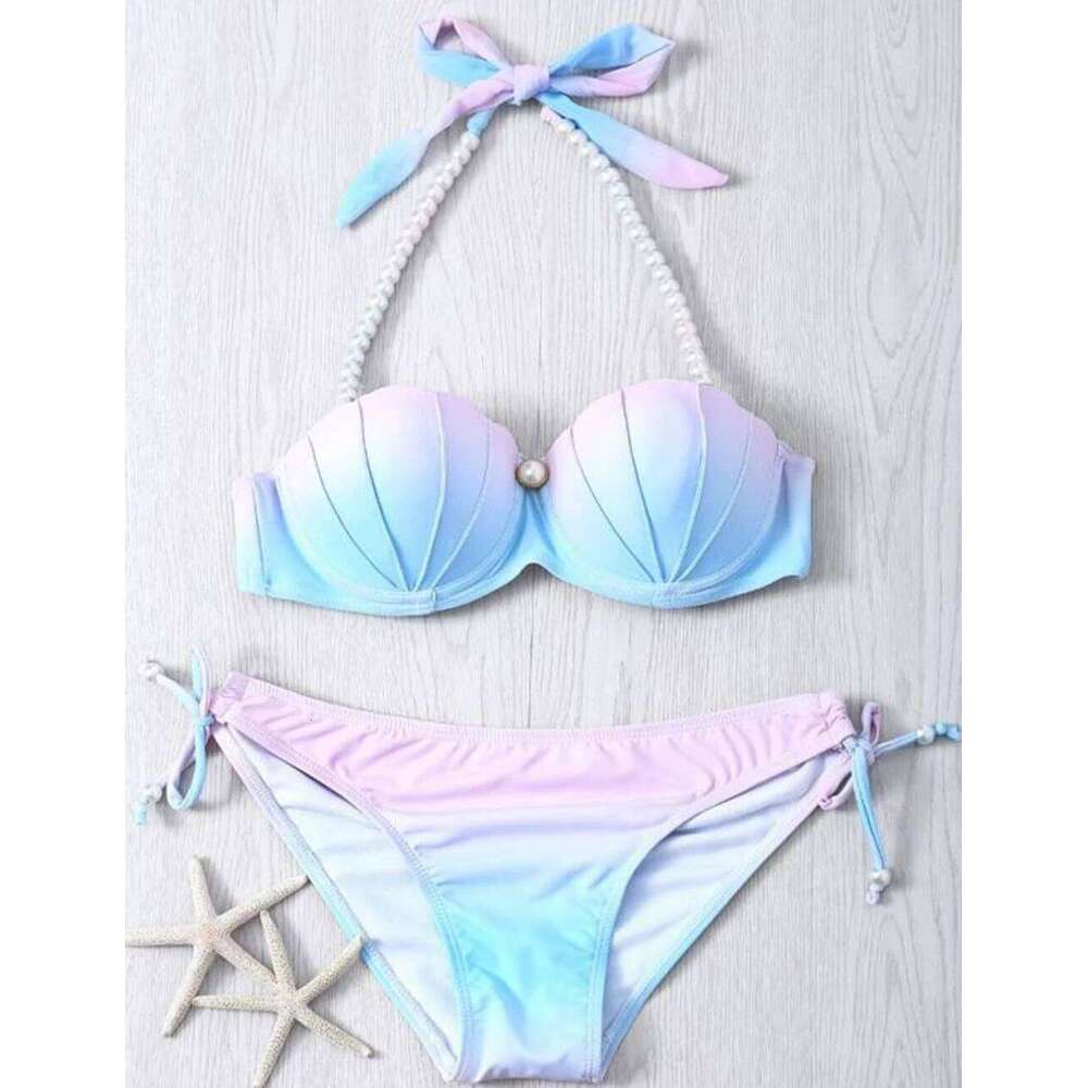 Mermaid Style Fashion Women Two Pieces Bikini Set Gradient Color Shell Halter Swimsuit Girl Swimwear Sports Beach Clothing 2023 XJ260206
