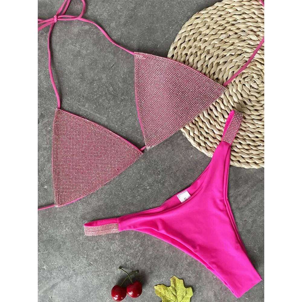 Shiny Sequins Diamond Micro 2025 Women Swimsuit Female Halter Swimwear Two Pieces Bikini Set Brazilian Bathing Suit Swim XJ260206